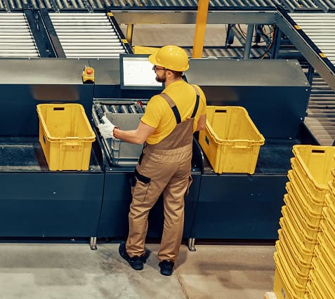 Worker sorting items in warehouse